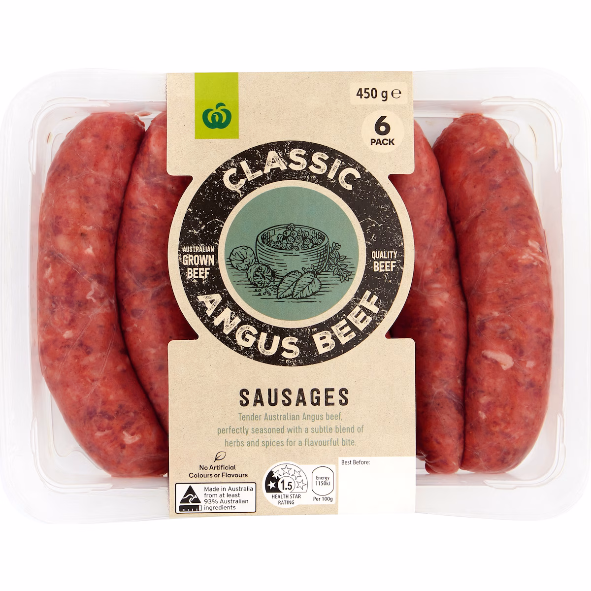 357418 Woolworths Classic Angus Beef Sausages 6 Pack - Image 1