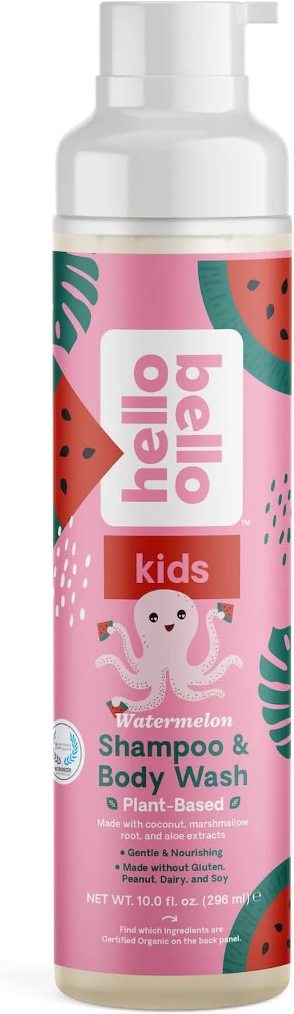 51Jm0ICL0iL._AC_SL1500_.jpg Hello Bello Watermelon Shampoo & Body Wash - Tear-Free, Hypoallergenic, Dermatologist & Pediatrician Tested, Plant Based Formula for Babies and Kids - 10 FL Oz (Packaging may vary) - Image 1