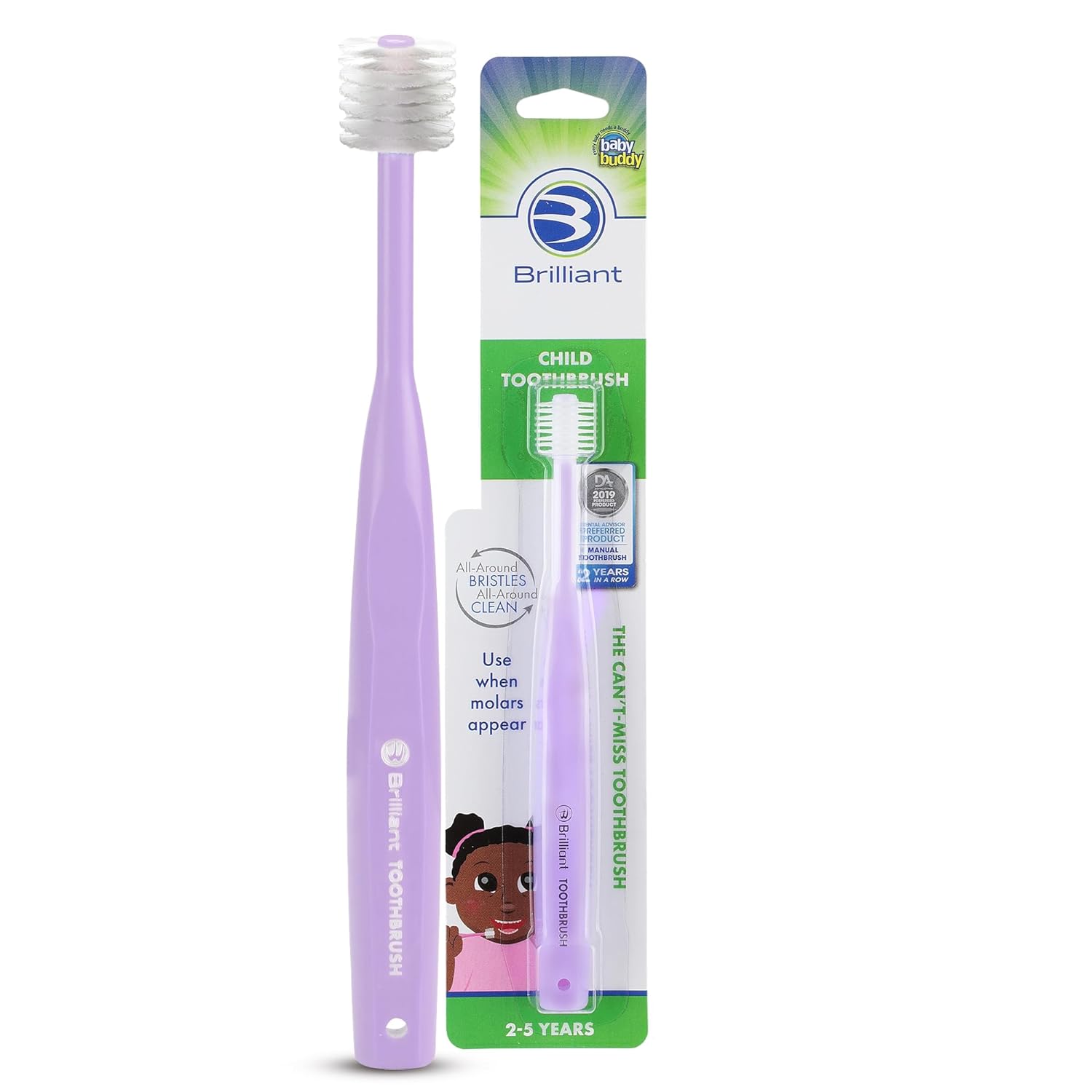 61oKwbpXGL._SL1500_.jpg Brilliant Oral Care Child Toothbrush with Soft Bristles and Round Head, for a Kid Approved, Easy to Use All-Around Clean Mouth, Ages 2-5 Years, Lilac, 1 Pack - Image 1