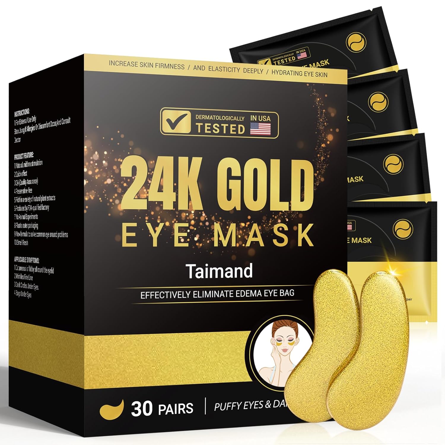 Under Eye Patches (30 Pairs), 24K Gold Under Eye Mask for Puffy Eyes, Dark Circles,Bags and Wrinkles with Collagen,Relieves Pressure and Reduces Wrinkles,Revitalises and Refreshes Your Skin