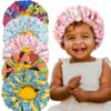 5 Pieces Kids Satin Bonnet Adjustable Sleeping Cap Soft Silk Hair Bonnet Flower Night Hats for Natural Hair Teens Toddler Child Baby Reversible Double