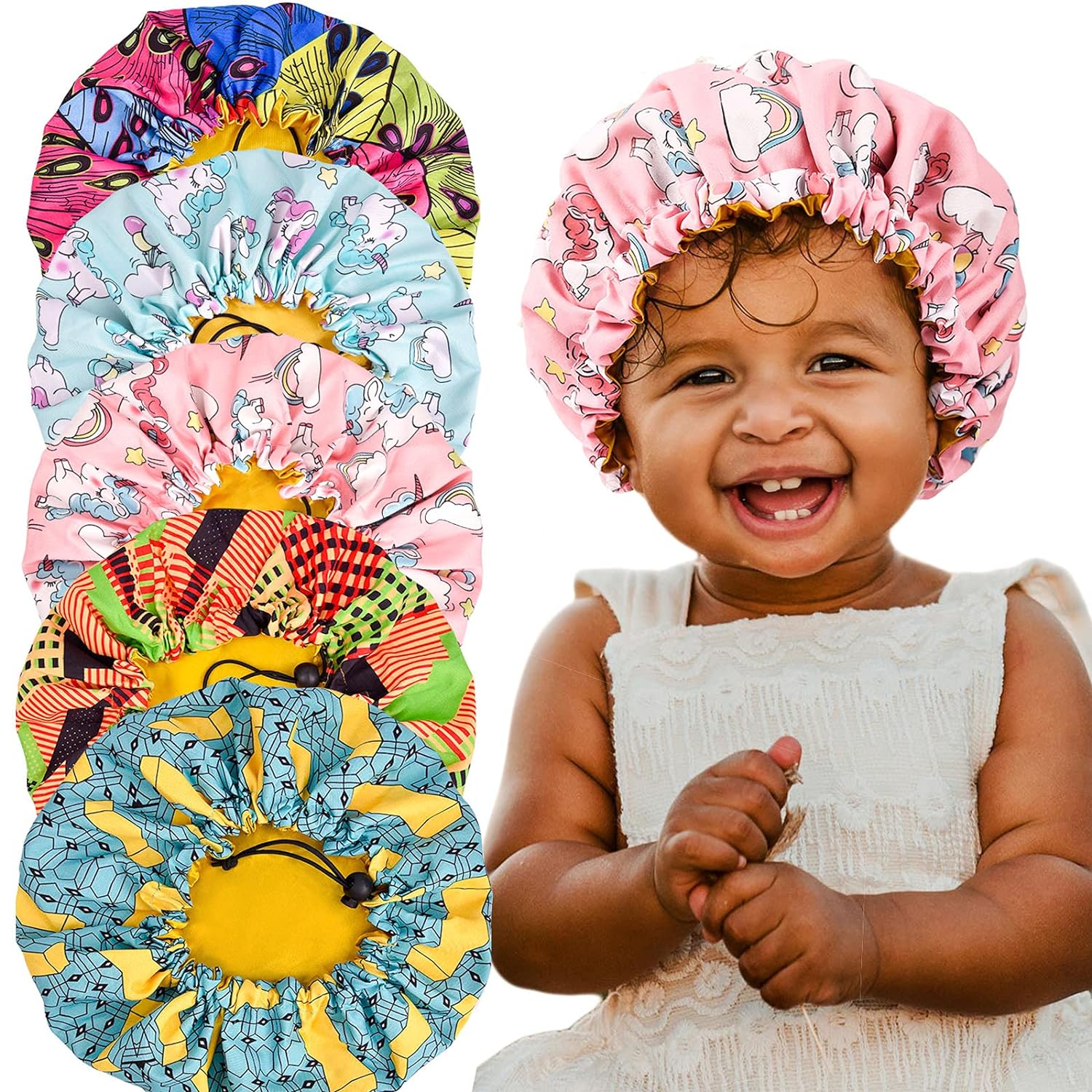 81mI0MpfvoS._SL1500_.jpg 5 Pieces Kids Satin Bonnet Adjustable Sleeping Cap Soft Silk Hair Bonnet Flower Night Hats for Natural Hair Teens Toddler Child Baby Reversible Double - Image 1