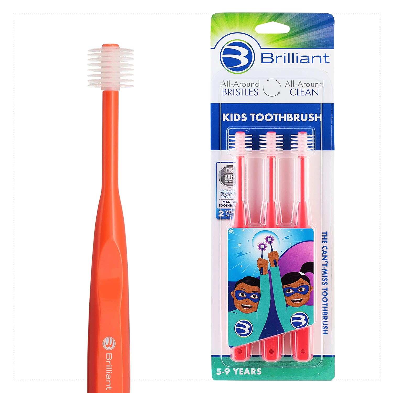 Brilliant Oral Care Kids Toothbrush with Soft Bristles and Round Head, for a Child Approved, Easy to Use All-Around Clean Mouth, Ages 5-9 Years, Red, 3 Pack