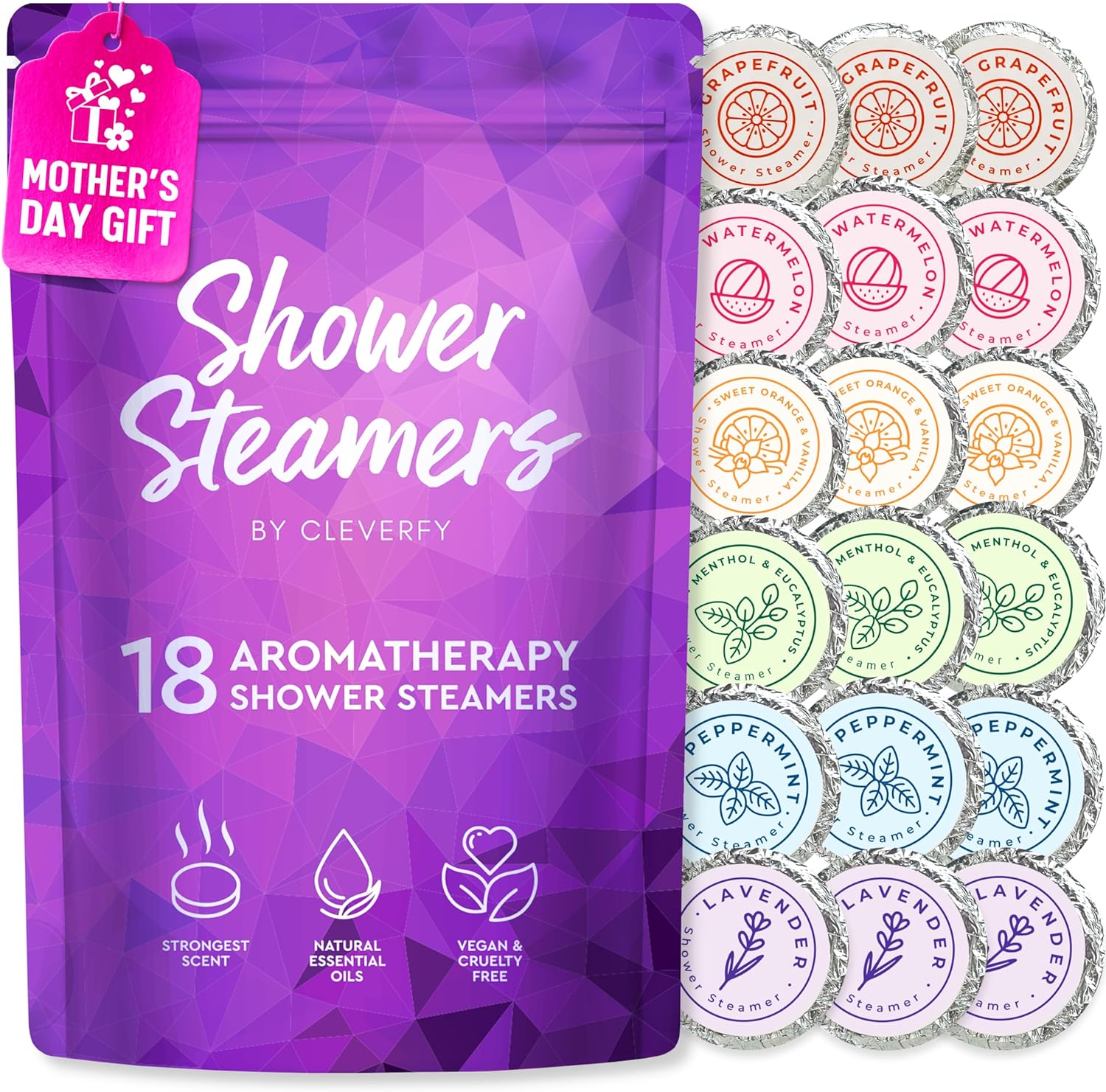 Cleverfy Shower Steamers Aromatherapy - 18 Pack of Shower Bombs with Essential Oils. Self Care Mothers Day Gifts for Mom from Daughter. Purple Set